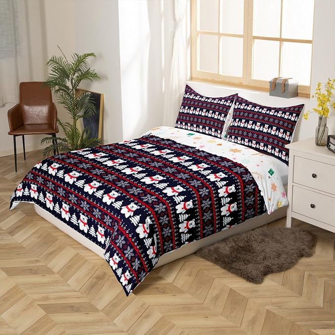 Christmas Bedding Set for Kids Boys Girls Polar Bear Christmas Tree Comforter Cover Set Exotic Ethnic Xmas Theme Duvet Cover Bedroom Decor Snowflake Bedspread Cover Twin Size Bedding Collection 2Pcs