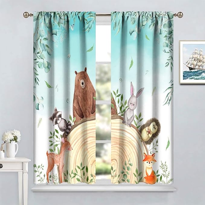 Kids Forest Animal Curtains, Woodland Animal Window Treatments Fox Deer Bunny Wildlife Safari Jungle Bear Farmhouse Window Drapes for Girls Boys Nursery Bedroom 63x63in