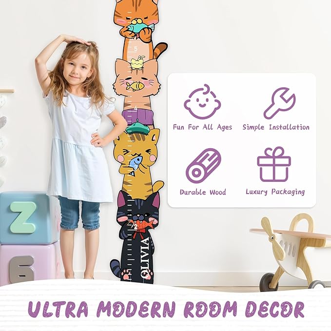 Personalized Name Growth Chart for Wall, Kitten Eating Fish Wooden Height Chart, Thick Height Measuring Board for Boys and Girls, Measurement Ruler for Kids, Easy to Install