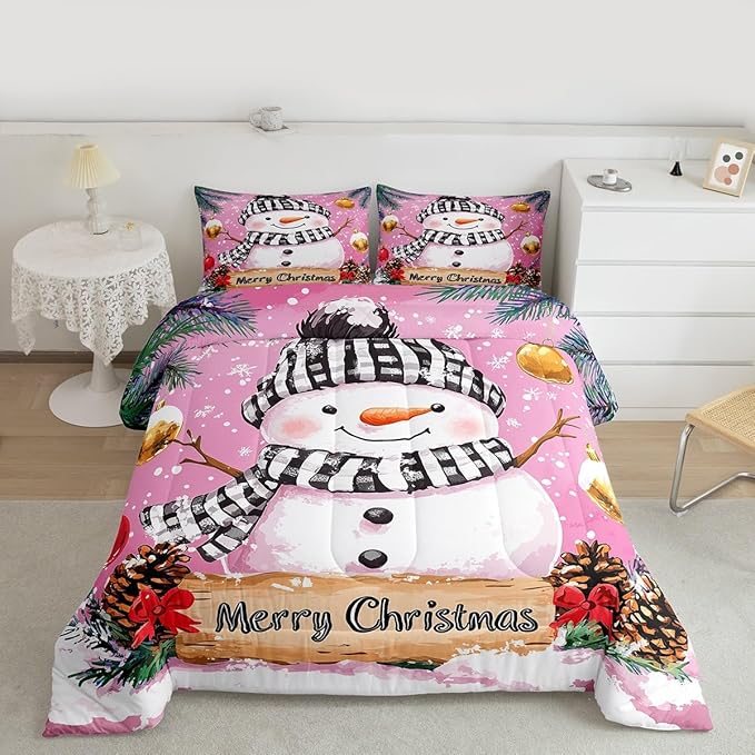 Feelyou Merry Christmas Bedding Set Soft for Boys Girls, Cute Snowman Comforter Set King Size Snowflake Duvet Quilt Microfiber Winter Bedroom Decor 3 Pcs with 2 Pillow Cases