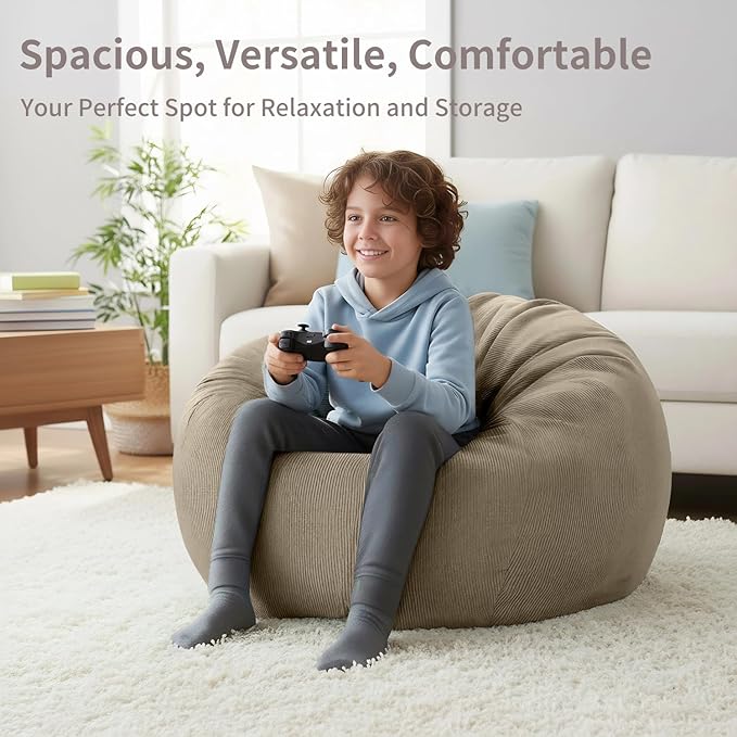 Nobildonna 3 ft Bean Bag Chair Cover (No Filler) 35"×43" Large Stuffed Animal Storage Bean Bag Washable Big Beanbag Chair Cover Premium Corduroy Bean Bag Cover for Adults,Kids,Khaki Gray 300L