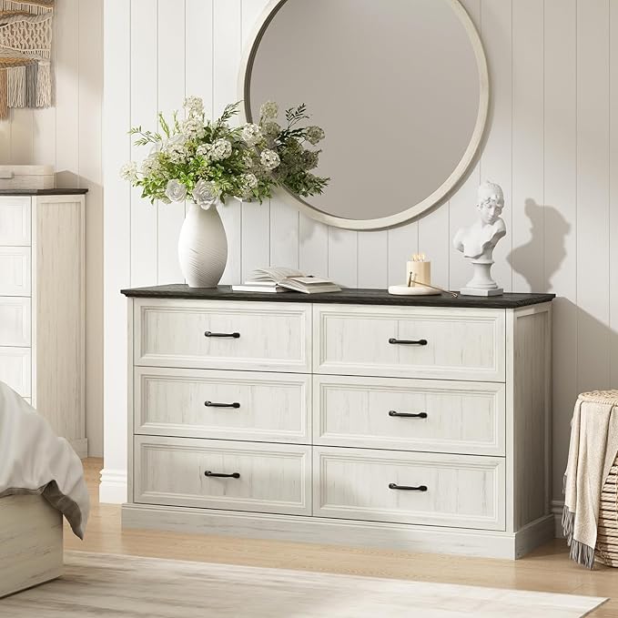 CARPETNAL Farmhouse Dresser and Nightstand Sets for Bedroom, 3 Pcs Bedroom Set, 6 Drawer Dresser & Nightstand Set of 2, Modern Wood Chest of Drawers for Bedroom, Living Room, Entryway, White