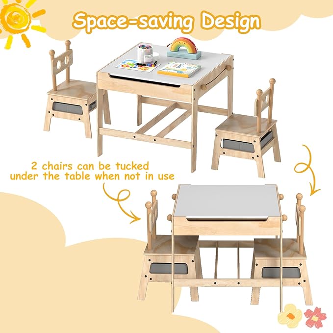 Costzon Kids Table and Chairs, 4 in 1 Wooden Activity Desk Set w/Reversible Whiteboard & Chalkboard, Hidden Storage Space and Drawers for Arts, Crafts, Play, Toddler Table and Chair Set (Alien Shape)