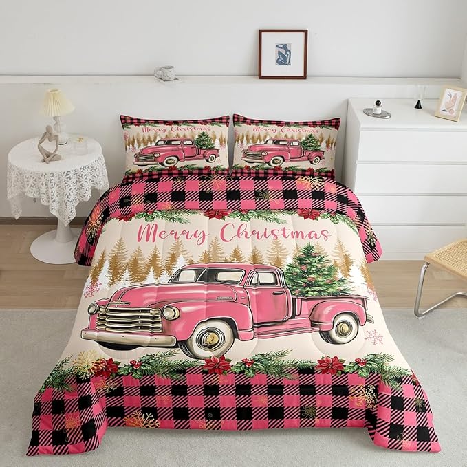 Erosebridal Christmas Comforter Sets Merry Xmas Tree Bedding Sets Full Red Truck Painting Down Comforter,Lattice Decor Bed Set for Kids Boys Girls Teens Bedroom Decor,Reversible