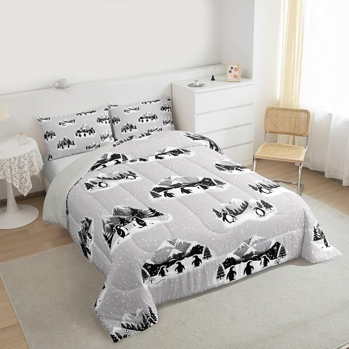 Feelyou Christmas Kids Comforter Set Full Size Polar Penguin Bedding Set Snowflake Duvet Quilt for Kids Boys Girls Bedroom Winter Decor Microfiber Ultra Soft Breathable