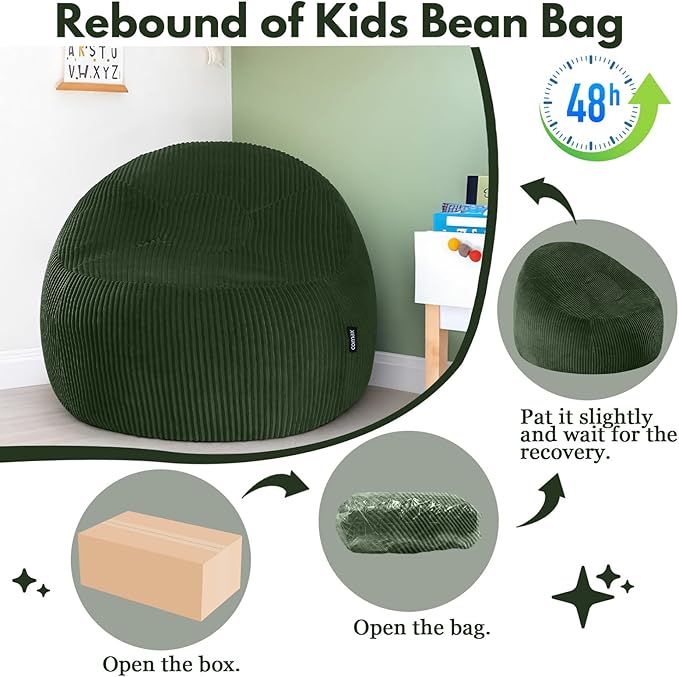COMAX Bean Bag Chairs for Kids, Toddler BeanBag Sofa with Filler Bean Couch Stuffed for Boys and Girls, Lazy Floor Chair for Playroom, Nursery Room, Green
