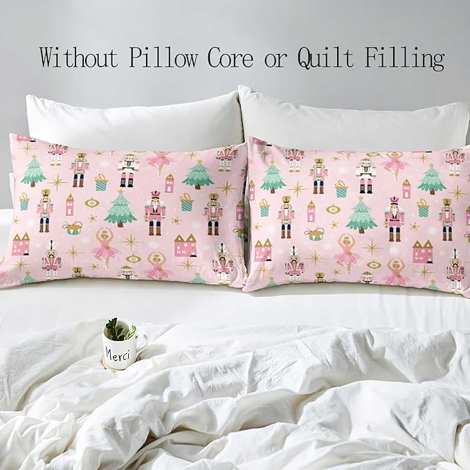 LUVIVIHOME 2PCS Christmas Nutcracker Duvet Cover Twin Bedding Sets, Light Pink Duvet Cover, Teen Girl Bedding, Christmas Tree Snowflake Winter Holiday Xmas Gifts Kids Comforter Cover, 1 Pillow Sham