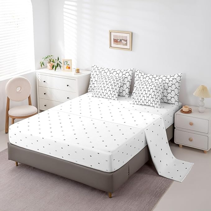 7 Pieces Cartoon Bowknot Kids Comforter Queen Size,Bow Tie Geometric Patchwork Modern Girls Bedding Set,Bow Butterfly Knot Black White（Comforter+Fitted+Flat+2 Pillowcases+2 Throw Pillow Covers）