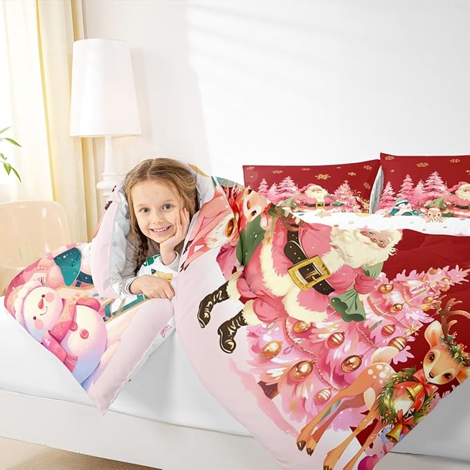 jejeloiu Merry Christmas Comforter Set Twin Size Santa Claus Bedding Set for Kids Boys Girls Cute Deer Duvet Quilt Red Bedroom Decor