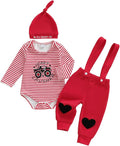 Newborn Infant Baby Boy Valentines Outfit Heart Crusher Long Sleeve Striped Romper + Red Suspender Pants + Hat 3Pcs