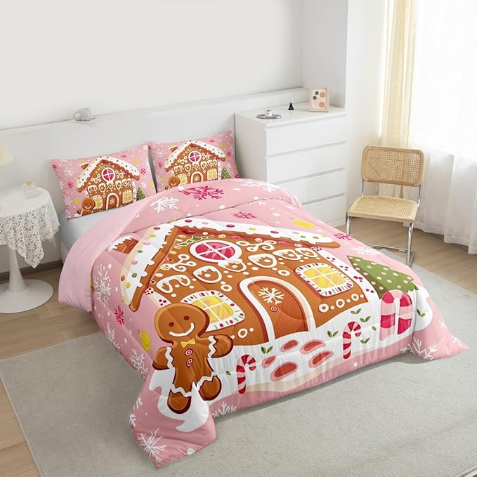 Feelyou Christmas Gingerbread Bedding Set Soft for Boys Girls,Gingerbread House Comforter Set Queen Winter Holiday Decor Duvet Quilt Cute Snowflake Room Decor Pink Decor 3 Pcs with 2 Pillow Cases