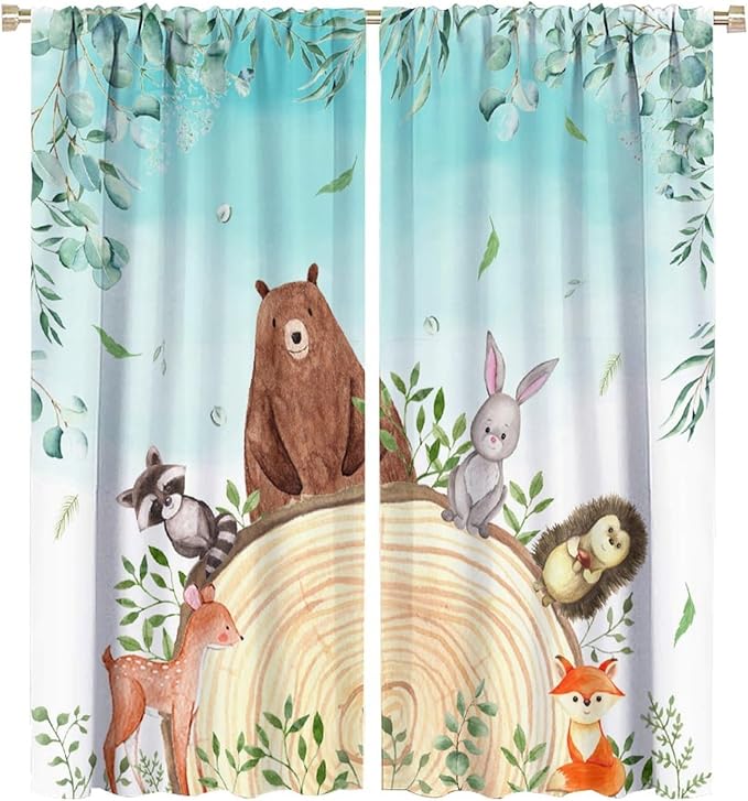 Kids Forest Animal Curtains, Woodland Animal Window Treatments Fox Deer Bunny Wildlife Safari Jungle Bear Farmhouse Window Drapes for Girls Boys Nursery Bedroom 84x84in