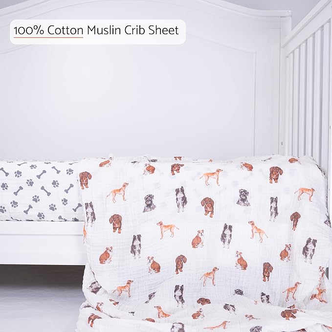 LollyBanks Muslin Crib Sheets 2 Pack, 100% Cotton Baby Crib Sheets for Boys and Girls, Soft and Breathable Neutral Baby Fitted Sheet for Standard 52"x28" Mattress, Registry (Dogs and Paws Design)