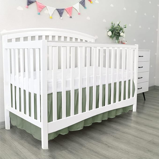 100% Egyptian Cotton, Nursery Crib Toddler (24" x 38" + 10") 800 Thread Count Crib Skirt Dust Ruffle, Bedding Skirts for Baby Boys or Girls, 10" Drop, Sage Solid