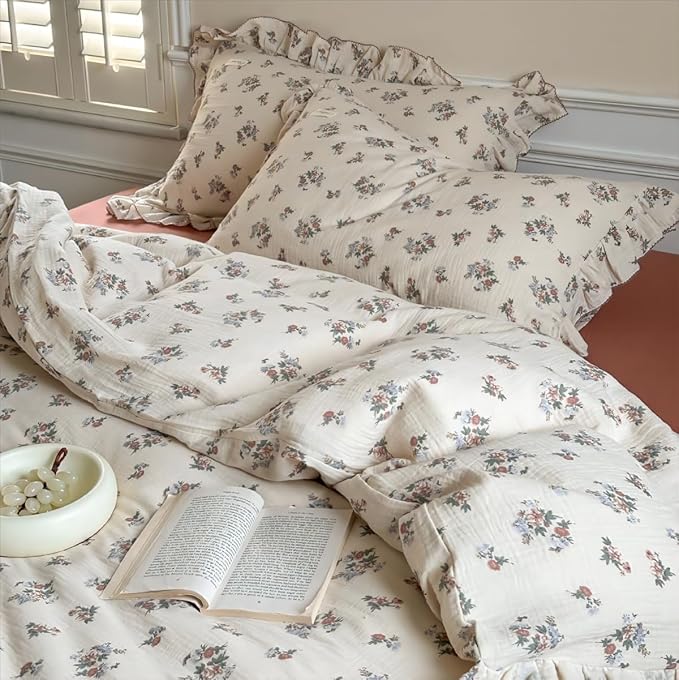 BuLuTu Chic Shabby Vintage Floral Duvet Cover Twin for Kids Girls Boys 100% Cotton Muslin Ruffled Quilt Cover Twin Comforter, 68"x86", Soft Breathable, Zipper Closure, No Pillowcase
