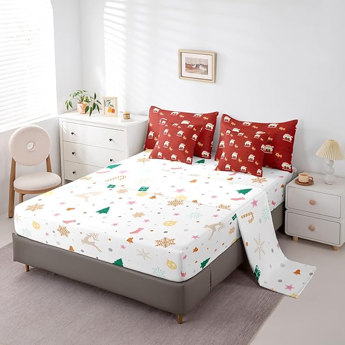 Santa Claus Bed Set Christmas Deer Bed in a Bag for Kids Boys Girls Winter Snowflake Comforter Set with Sheets Merry Christmas Khaki Red Bedding Set Bedroom Collection Queen Size
