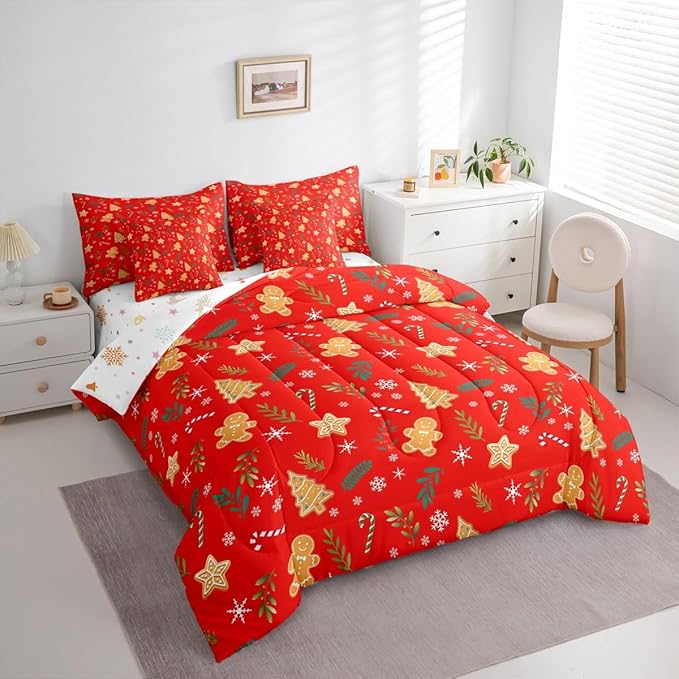 Feelyou Christmas Tree Comforter Set King Size 7 Pieces Cute Gingerbread Man Bedding Set for Kids Boys Girls Red Botanical Bed in a Bag Reversible Xmas Decor Bedroom Quilted Breathable Soft