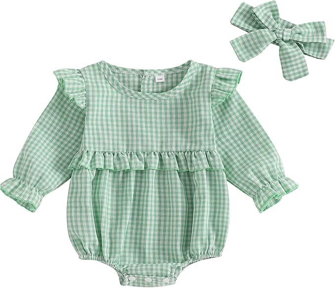 Karuedoo Newborn Baby Girl Clothes Gingham Plaid Bubble Romper Long Sleeve Ruffle Bodysuit with Headband Spring Fall Outfit