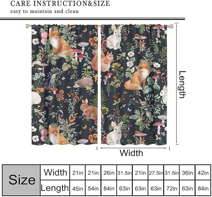 Animal Curtains, Watercolor Forest Animals Plants Pattern Blackout Window Treatments, Rod Pocket Thermal Insulated Drapes 2 Panel Sets for Bedroom Living Room, 42" W X 54" L