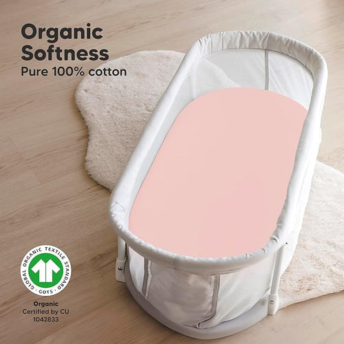 2-Pack Organic Bassinet Sheets for Girls, Boys - 100% Cotton Bassinet Mattress Sheets Compatible with Halo Bassinest Swivel Sleeper, Graco, Baby Delight, Chicco, Unisex Fitted Bassinet Sheets (Rose)