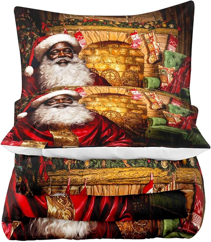 LUVIVIHOME 2PCS Christmas Comforter Set - Twin Size, Funny Black Santa Claus Bedding, Merry Christmas Bedroom Decor for Kids, Teens, African American Decorations, 1 Pillow Case