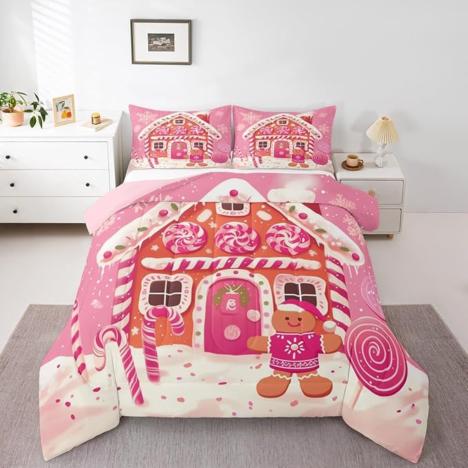 jejeloiu Kids Christmas Theme Comforter Set Queen Size Xmas Gingerbread Man Candy Cane House Bedding Set for Boys Girls Teens Hot Pink Winter Happy New Year Duvet Quilt Room Decor