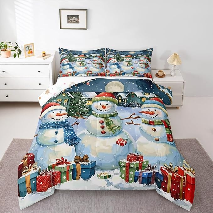 jejeloiu Kids Snowman Comforter Set Twin Size Countryside Christmas Theme Bedding Set for Boys Girls Teens Xmas Tree Snowflake Winter Happy New Year Duvet Quilt Room Decor