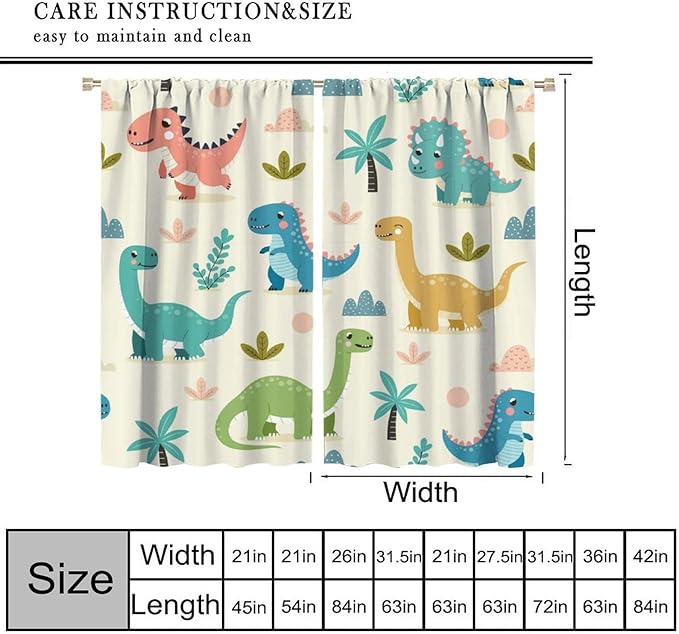 Fun Dino Curtains, Cute Colorful Dinosaur Pattern Blackout Window Treatments, Rod Pocket Thermal Insulated Drapes 2 Panel Sets for Children Boys Bedroom Nursery Classroom, 63" W X 72" L