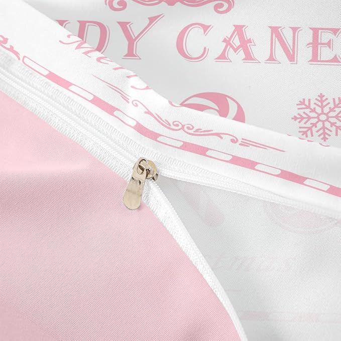 jejeloiu Christmas Bedding Set Twin Size Kids Christmas Quote Comforter Cover Set for Boys Girls Teens Candy Canes Print Duvet Cover Xmas Bedspread Cover Room Decorations Pink Quilt Cover