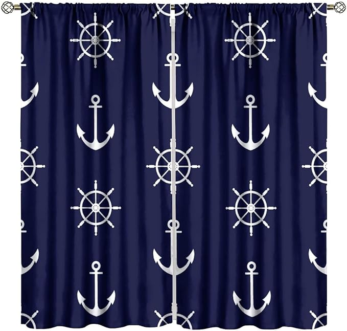 BAEKJIN Nautical Rudder Curtains,MarineThemed Oceanic Anchor Pattern Print Decor Home Bedroom Living Room Window Treatments 2 Panel Set 42x45 Inch