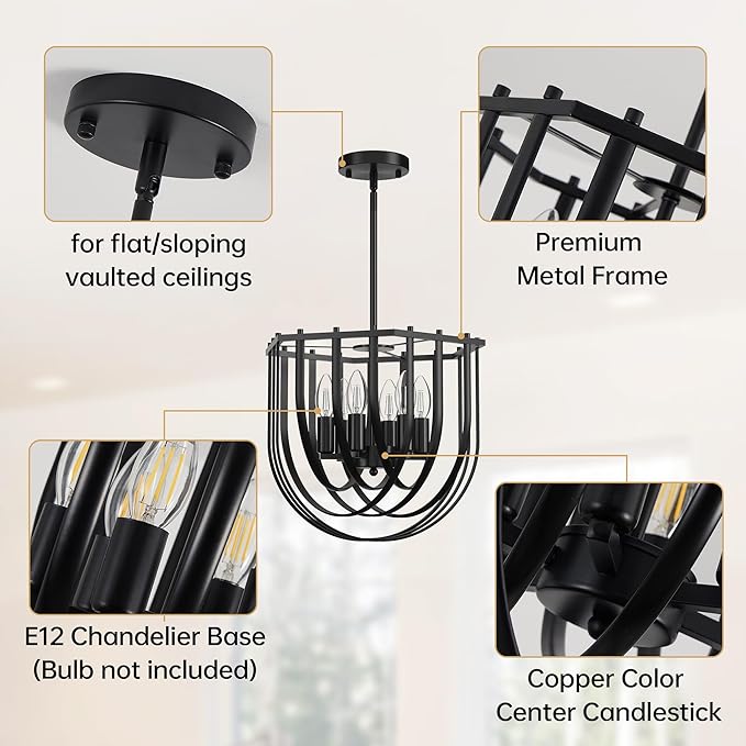 WJShome 6-Light Modern Farmhouse Chandelier, Black Dining Room Light Fixture, Hanging Pendant Lights Kitchen Island, Foyer Lighting Fixtures with Metal Frame, for Living Room, Bedroom, Entryway