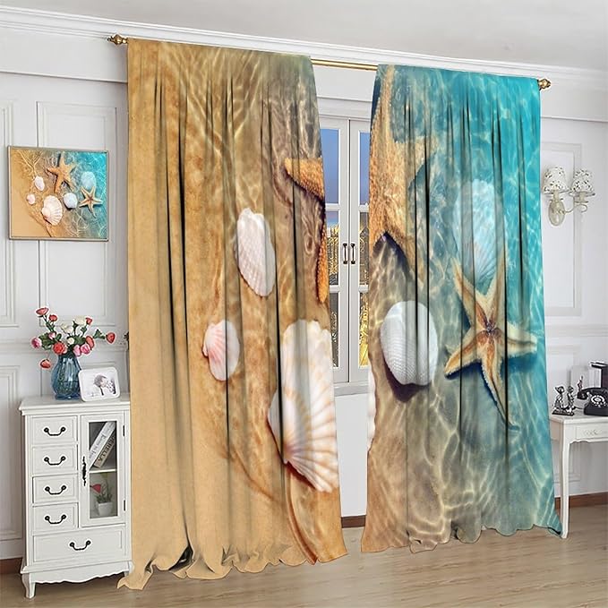 Beach Curtain for Bathroom Decor，Sea Turtle Starfish Seashell Nautical Ocean Coastal Scenery Art Printed Fabric Polyester Waterproof Set 2 Panels,63x63 Inches