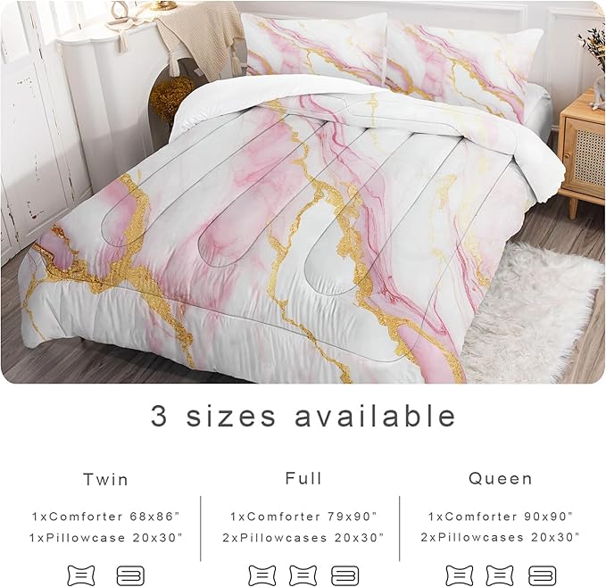 Girls Comforter Set Twin: Pink Marble Twin Bedding Sets for Teen Girls Tween Kids Pink and Gold Glitter Abstract Marbling Pastel Quilt Bed Set 1 Comforter & 1 Pillow Case