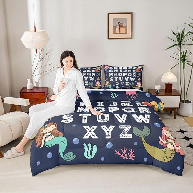 Feelyou Alphabet Kids ABC Learning Bedding Set for Boys Girls, Cute Mermaid Comforter Set Queen Size Educational Nursery Art Duvet Quilt Microfiber Sealife Bedroom Decor 3 Pcs with 2 Pillow Cases
