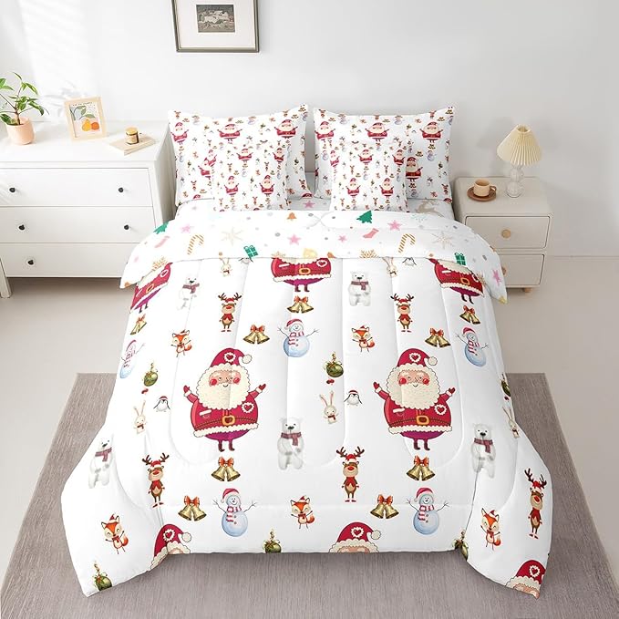 Feelyou Christmas Bed Set Cute Snowman Santa Claus Kids Decorations Bed in a Bag Boys Girls Bear Rabbit Comforter Set with Sheets Christmas Bells Design White Bedding Set Bedding King Size