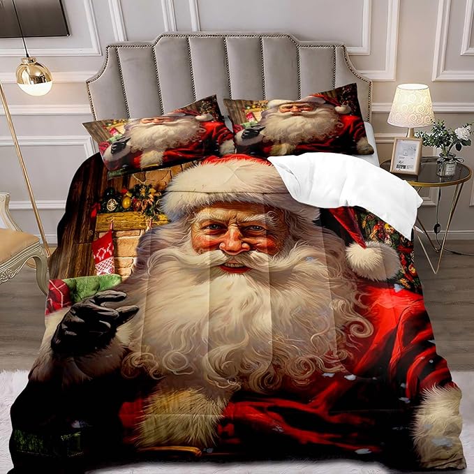 LUVIVIHOME 3PCS Christmas Comforter Set King Size, Funny Santa Claus Bedding, Teens Boys Girls Kids Bedding, Winter Holiday Happy New Year Merry Christmas Bedroom Decor, Xmas Gifts, 2 Pillow Cases