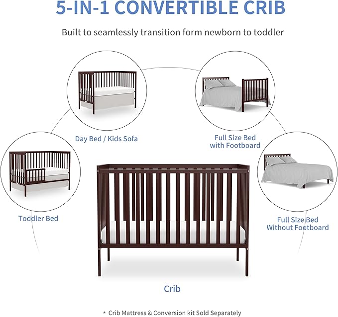 Baby Crib 5-in-1 Convertible, Wooden Nursery Cribs Converts to Toddler Bed, Daybed and Full Size Bed, 3 Adjustable Base, Non-Toxic Finish