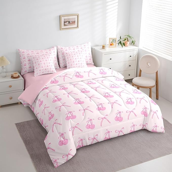 Manfei 7 Pieces Cartoon Bowknot Kids Comforter Set Twin,Pink Bow Tie Butterfly Knot Princess Bedding Set,Cherry Bow Patchwork Romantic（Comforter+Fitted+Flat Sheet+2 Pillowcases+2 Throw Pillow Covers）