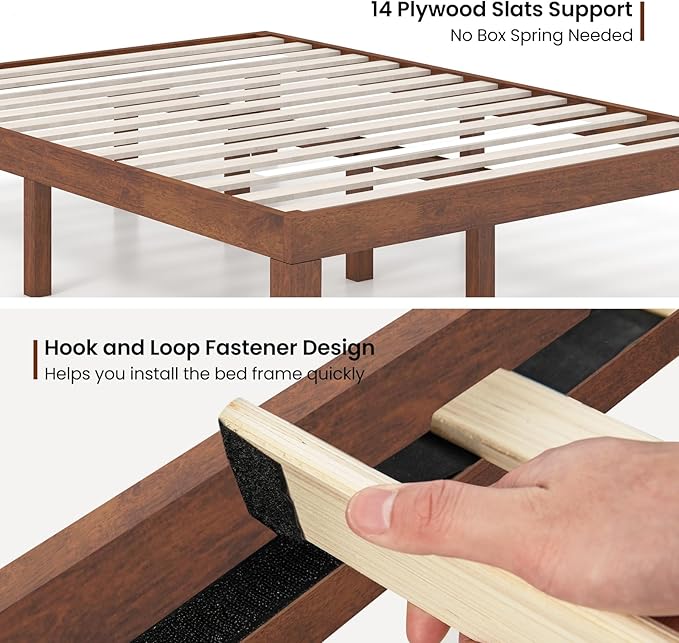 KOMFOTT 14 Inches Wood Platform Bed Frame Full Size, Wooden Mattress Foundation with Rubber Wood Frame, Strong Wooden Slat Support, No Box Spring Needed, Bed Frame (Brown Cherry)