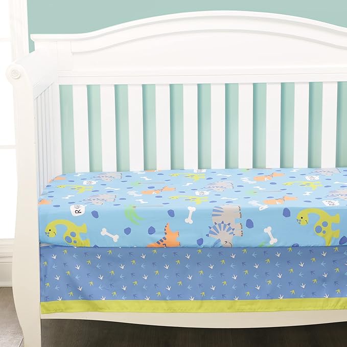 EVERYDAY KIDS Dinosaur 4 Pc Crib Bedding and Nursery Set Includes Baby Bed Quilt, Fitted Sheet, Dust Ruffle and Diaper Stacker; Triceratops and T-Rex Dino Design for Baby Boys