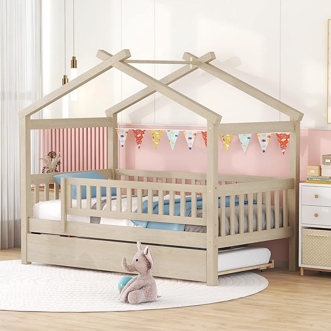 Harper & Bright Designs Twin House Bed with Trundle, Kids Platform Frame Rails and Roof, Tent Bed, Wood Playhouse Montessori for Teens Girls Boys, No Box Spring Needed (Natural)