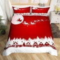 Manfei New Year Red Duvet Cover Set Queen Size Reindeer and Full Moon Print Comforter Cover Christmas Day Bedding Set 3pcs for Kids Boys Girls Winter Theme Quilt Cover with 2 Pillowcases,No Comforter
