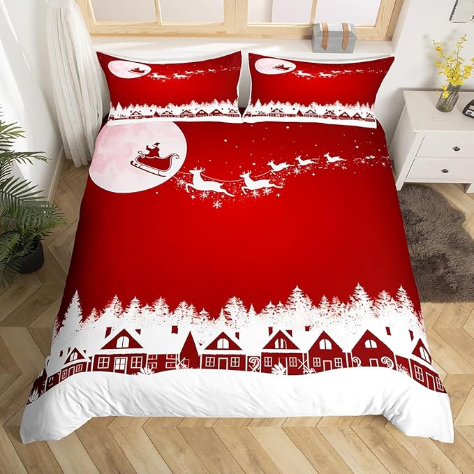 Manfei New Year Red Duvet Cover Set King Size Reindeer and Full Moon Print Comforter Cover Christmas Day Bedding Set 3pcs for Kids Boys Girls Winter Theme Quilt Cover with 2 Pillowcases,No Comforter