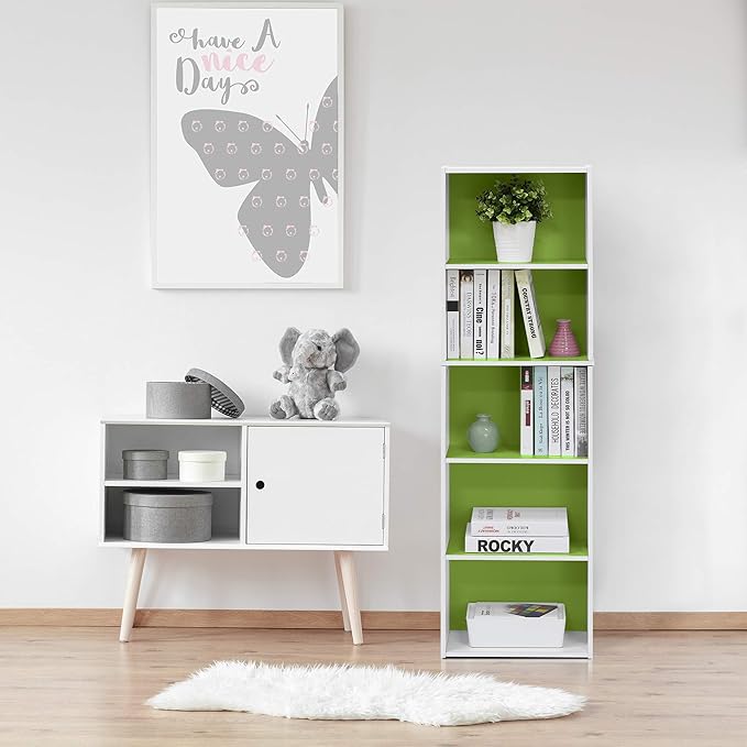 Furinno LUDER Book Shelf, 5-Cube Bookshelf, Bookcase with Open Shelf, 9.4 x 15.8 x 52, for Living Room, Bedroom, Home Office, White/Green