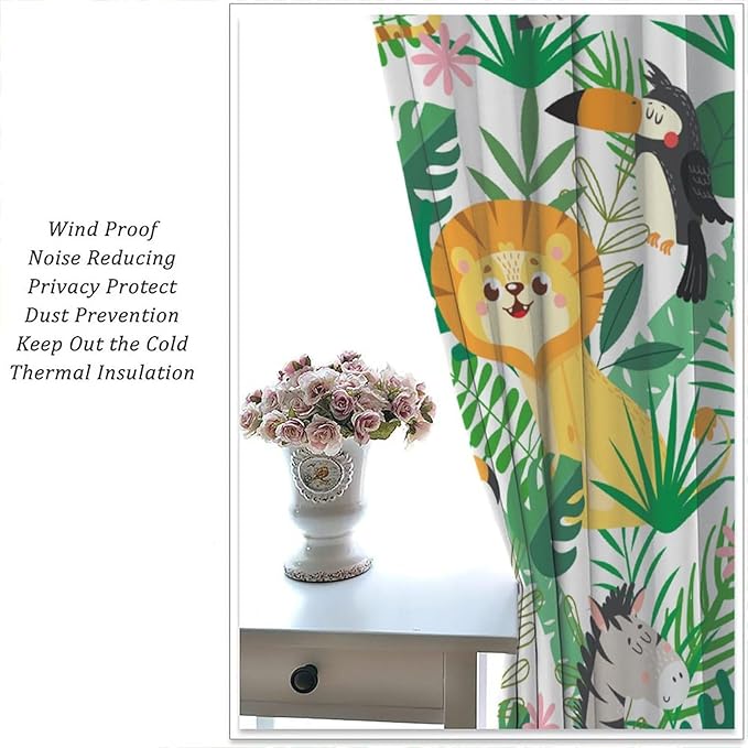 Jungle Animals Curtains Cartoon Cute Lion Giraffe Monkey Zebra Woodland Art Printed for Children Girls Boys Bedroom Nursery Rod Pocket Decoration Window Drapes 2 Panels W27.5xL63in
