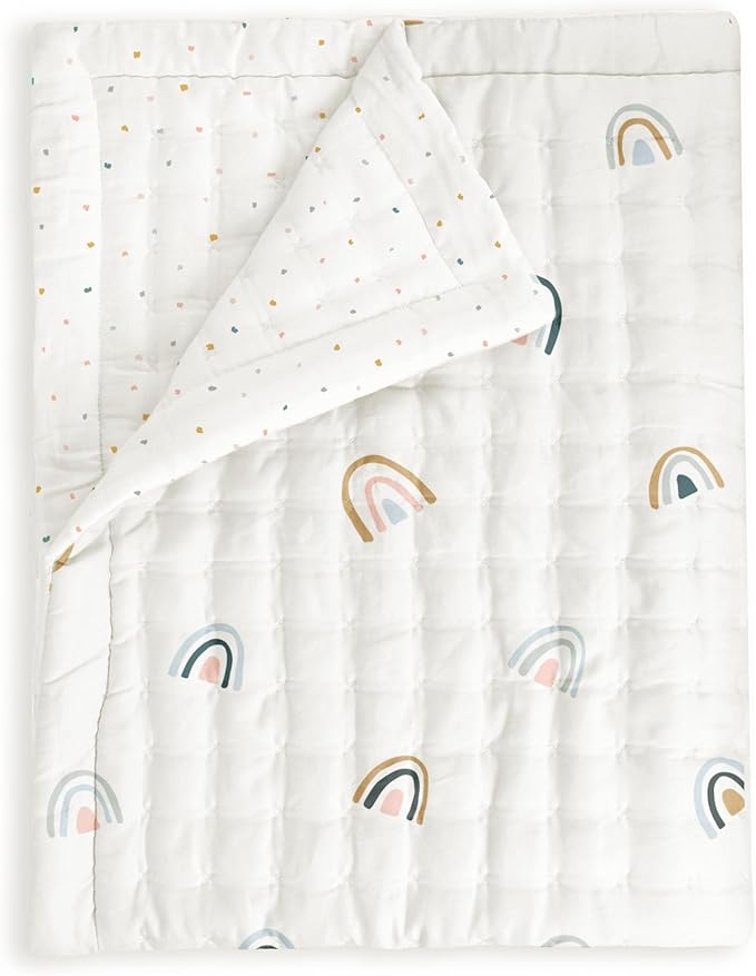 MakeMake Organics Organic Baby Blanket GOTS Certified Organic Comforter Cotton Infill Tufted - Reversible Ultra Soft Breathable (30"x40", Dotty + Rainbow)