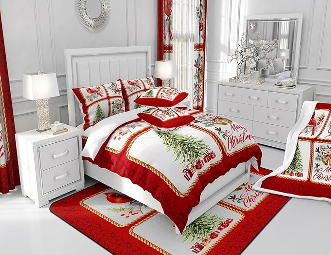 Christmas Plaid Comforter Set King Size,Berries Cardinals Xmas Pine Print Bedding Set All Season Quilt Set,Floral Bells Red Lace Patchwork Microfiber Polyester Down Comforter