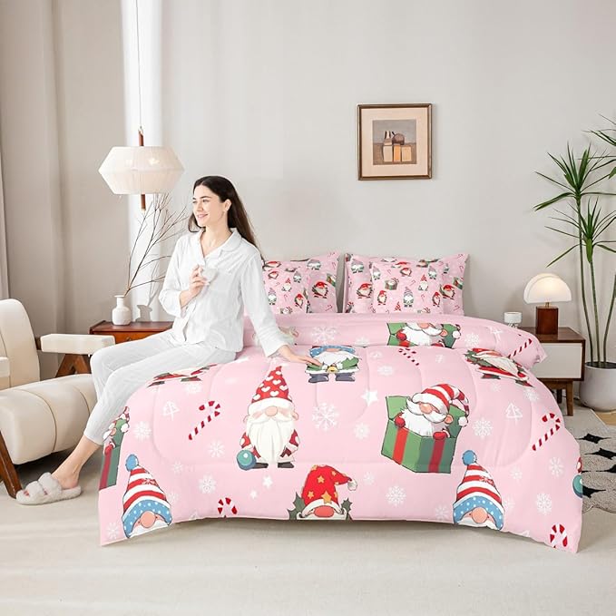 Feelyou Christmas Gnomes King Comforter Set with Sheets for Kids Boys Girls Cute Snowflakes Candy 7 Pieces Bedding Set Santa Claus Bed in a Bag Reversible Xmas Pink Decor Room Decor Soft Lightweight