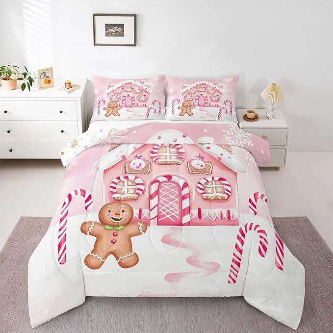 Feelyou Gingerbread Man Comforter Set Twin Size Gingerbread House Bedding Set for Kids Boys Girls Candy Canes Duvet Quilt Pink Christmas Scheme Bedroom Decor Snowflake 2 Pcs with 1 Pillow Cases