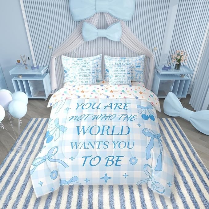 7 Pieces Blue Bowknot Comforter Set King,Cartoon Cherry Stars Daisy Flowers Princess Bedding Set,Bow Geometric Plaids Patchwork Dreamy（Comforter+Fitted+Flat Sheet+2 Pillowcases+2 Throw Pillow Covers）